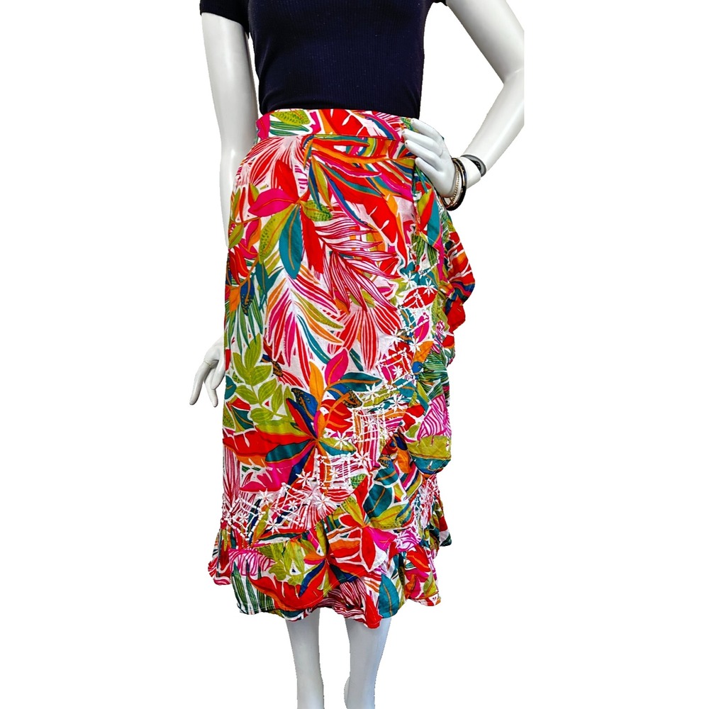 C & C Midi Wrap Skirt Embroidered Floral Cotton Elastic Back Pink Size Medium